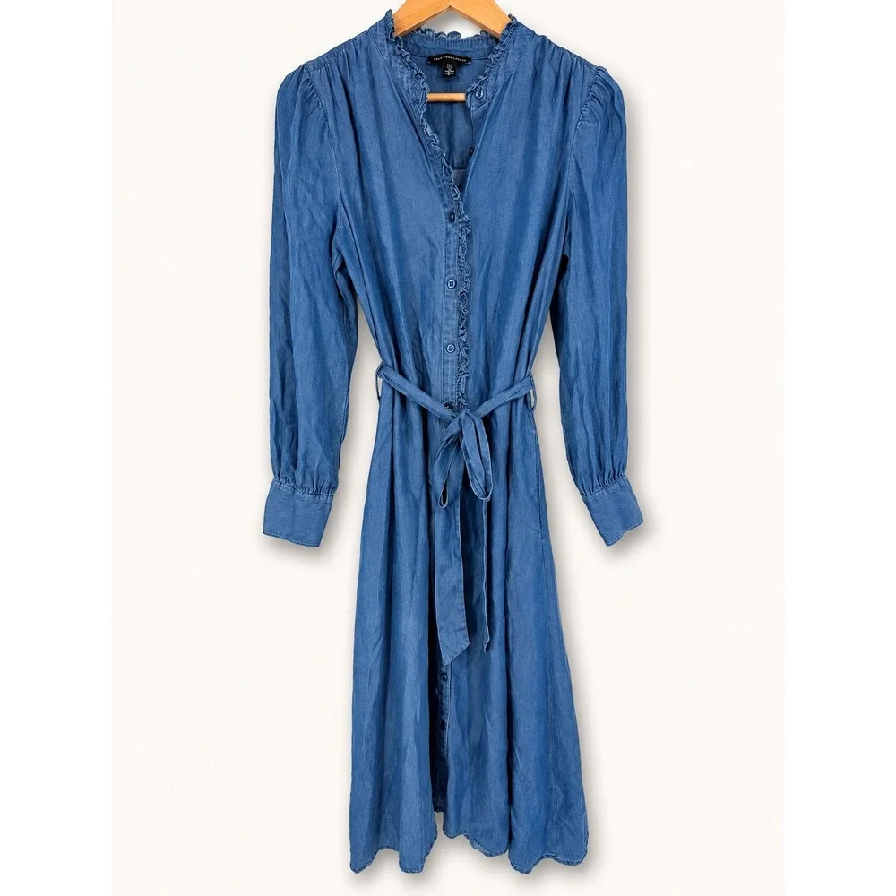 Saks Fifth Avenue Women S Dress Denim Ruffle Belted Button Up Country Cowgirl